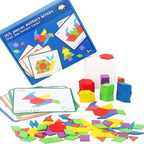 D-KINGCHY 155Pcs Wooden Pattern Blocks, Geometric Shape Puzzles for Kids, Double Side Cards for 4-6 Years Old
