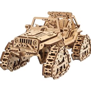 UGEARS Tracked Off-Road Vehicle - 4WD Model Vehicle Kits to Build - DIY 3D Car Model Puzzle with Spring Motor, 2 Driving Modes, Openable Hood with Engine - 3D Wooden Puzzles for Adults