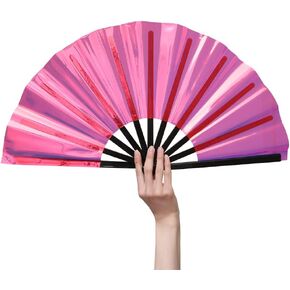 HeyToo 13inch Glitter Women Handheld Fan With Shining Transparent Fan Rib for Wedding,Church,Festival,Dance,Party Prom,Club,EDM Accessory Shining Pink