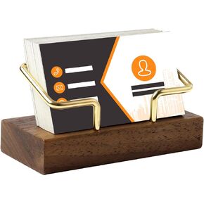 Wood Business Cards Holder for Desk Gold Name Cards Holder Metal Name Card Business Card Display Holder for Desk Office Home (Rectangle Walnut Wood)