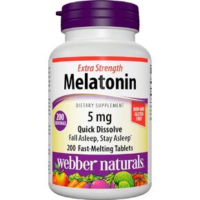 Webber Naturals Extra Strength Melatonin 5 mg, Easy Dissolve, 200 Tablets, 100% Drug Free Sleep Aid for Adults, Gluten Free, Non-GMO, Suitable for Vegetarians