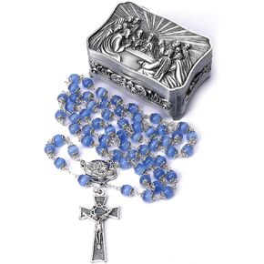 Jirehjill Rosary Beads Catholic for Woman - Italy 8-9mm AAA+ Natural Blue Cat Eyes Gemstone Rosary Beads, Catholic Gifts.