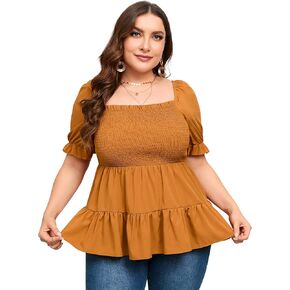 بلوزات نسائية مقاس كبير بيبلوم برقبة مربعة ملابس علوية صيفية لطيفة وأكمام منتفخة وحاشية مكشكشة بلوزات بيبي دول in Kuwait