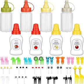 Hoolerry 8 Pcs Mini Condiment Bottles Ketchup Squeeze Bottles with 36 Pcs Animal Food Picks for Kids Salad Dressing Container Mini Sauce Bottle for Camping Office School Kids Box Accessories (Animal)