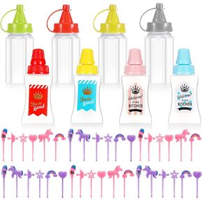 Hoolerry 8 Pcs Mini Condiment Bottles Ketchup Squeeze Bottles with 36 Pcs Animal Food Picks for Kids Salad Dressing Container Mini Sauce Bottle for Camping Office School Kids Box Accessories (Animal)