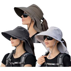 3 Pack Womens Ponytail Sun Hat with Neck Flap Wide Brim UV Protection Bucket Hat Summer Beach Fishing Hiking Garden UPF 50+