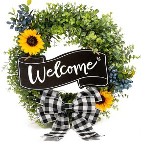 Eucalyptus Wreaths for Front Door Decor 20 inch, All Seasons Year Round Wreaths for Indoors & Outside, Interchangeable Welcome Sign Bows Flowers & Hanger, Wreath for Housewarming, Wall & Outdoor Porch