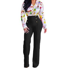 A ADILACA Women's 6-Button Trousers, Casual Work Office Basic Flare Dress Pants, High Waist Straight-Leg Long Pants