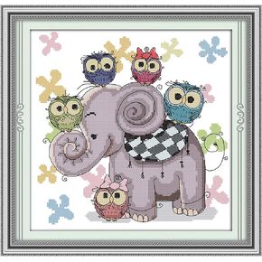 Zodiacal Hue Cross Stitch Kits Stamped Full Range of Embroidery Kits for Adults DIY 14CT Cross Stitches kit Embroidery Patterns for Needlepoint kit-Elephant and Owl 11.8x11.8 inch