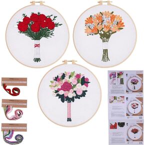 3 Sets Embroidery Starter Kit, Cross Stitch kit for Beginners DIY Adult Kids, Floral Embroidery kit with Bouquet Pattern, 3 Embroidery Fabric and Needles Threads,1 Hoop ﻿