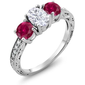 Gem Stone King 925 Sterling Silver Red Created Ruby Ring Set with Moissanite (3.02 Cttw)