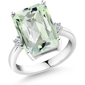 Gem Stone King 925 Sterling Silver Green Prasiolite and White Topaz Ring For Women (6.68 Cttw, Emerald Cut Checkerboard 14x10MM, Gemstone Birthstone, Available In Size 5, 6, 7, 8, 9)