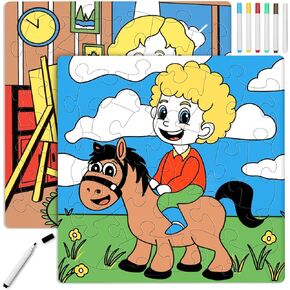 Wooden Painting Puzzles Kit for Kids Ages 3-12, 2 Pack 20 Pcs DIY Jigsaw Puzzles Preschool Educational Toys Gifts, Kid Puzzles with Pigment Pen & Bracket, Painting First Puzzle Second