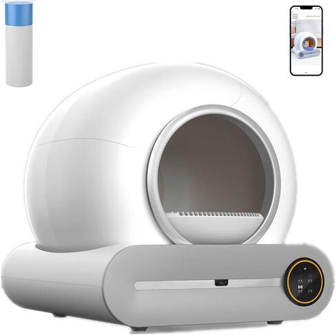 صندوق فضلات القطط ذاتي التنظيف، صندوق أوتوماتيكي جديد مضاد للقرص للقطط المتعددة، صندوق فضلات القطط الكبير الآمن، تحكم WiFi-2.4G/APP، مراقب الصحة الذكي، سهل التنظيف (أبيض) in Kuwait