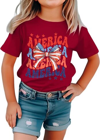 CM C&M WODRO Toddler Kid Girl 4th of July Shirt America Letter Print Patriotic T-Shirt American Flag Bow Graphic Tee Tops in Saudi Arabia