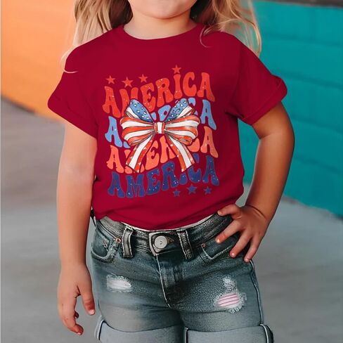 CM C&M WODRO Toddler Kid Girl 4th of July Shirt America Letter Print Patriotic T-Shirt American Flag Bow Graphic Tee Tops in Saudi Arabia