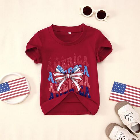 CM C&M WODRO Toddler Kid Girl 4th of July Shirt America Letter Print Patriotic T-Shirt American Flag Bow Graphic Tee Tops in Saudi Arabia