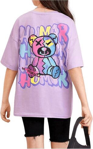 SweatyRocks Girl's Letter Graphic Print Half Sleeve T Shirt Round Neck Drop Shoulder Oversized Tees in Saudi Arabia