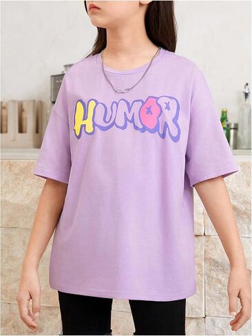 SweatyRocks Girl's Letter Graphic Print Half Sleeve T Shirt Round Neck Drop Shoulder Oversized Tees in Saudi Arabia