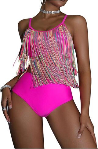 Floerns Women's 2 Piece Tankini Set Tassel Fringe Trim High Waist Bathing Suit in Saudi Arabia