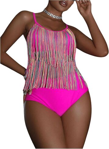 Floerns Women's 2 Piece Tankini Set Tassel Fringe Trim High Waist Bathing Suit in Saudi Arabia