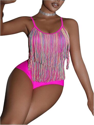 Floerns Women's 2 Piece Tankini Set Tassel Fringe Trim High Waist Bathing Suit in Saudi Arabia