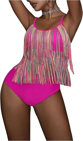 Floerns Women's 2 Piece Tankini Set Tassel Fringe Trim High Waist Bathing Suit in Saudi Arabia