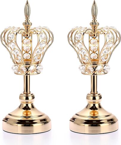OwnMy 2PCS Crystal Crown Candlestick Holders Tea Light Holders Metal Tealight Candelabra, Gold Crystal Votive Candlesticks Set Elegant Candle Stick Holder Candle Centerpiece for Dining Table, 14" H in Saudi Arabia
