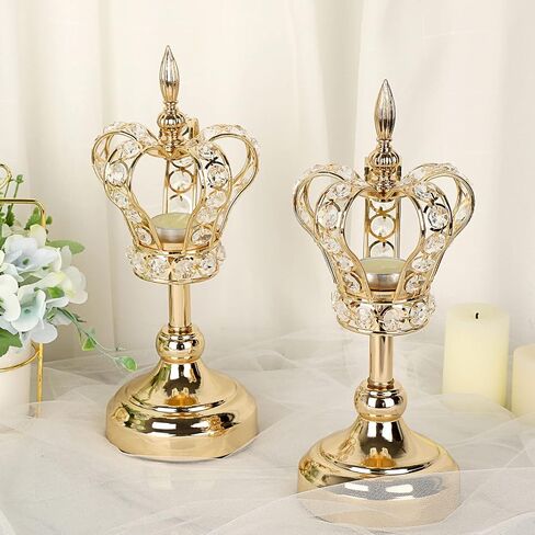 OwnMy 2PCS Crystal Crown Candlestick Holders Tea Light Holders Metal Tealight Candelabra, Gold Crystal Votive Candlesticks Set Elegant Candle Stick Holder Candle Centerpiece for Dining Table, 14" H in Saudi Arabia