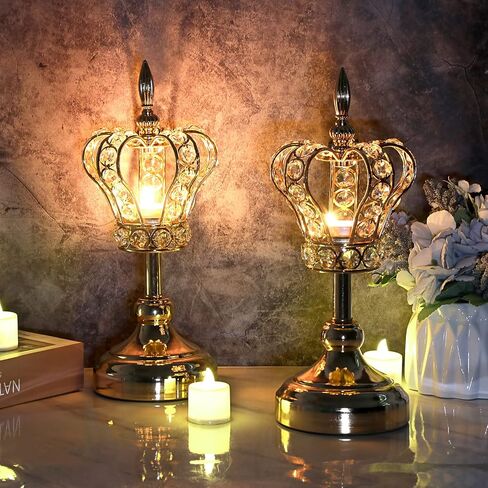 OwnMy 2PCS Crystal Crown Candlestick Holders Tea Light Holders Metal Tealight Candelabra, Gold Crystal Votive Candlesticks Set Elegant Candle Stick Holder Candle Centerpiece for Dining Table, 14" H in Saudi Arabia