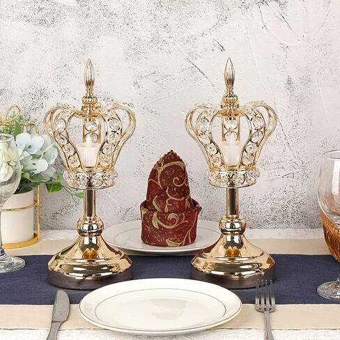 OwnMy 2PCS Crystal Crown Candlestick Holders Tea Light Holders Metal Tealight Candelabra, Gold Crystal Votive Candlesticks Set Elegant Candle Stick Holder Candle Centerpiece for Dining Table, 14" H in Saudi Arabia