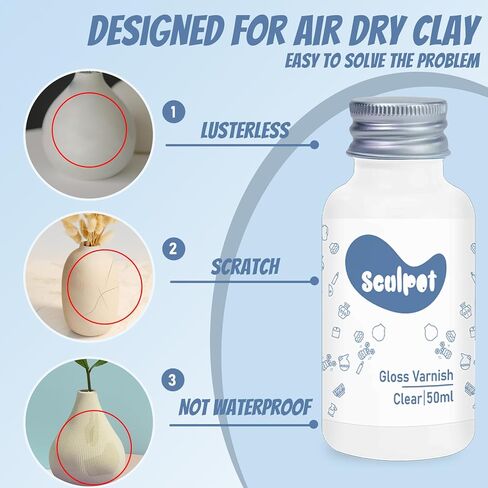Air Dry Clay Varnish,50ml Gloss Finish Glaze for Air Dry Clay, Clay Paint for Pottery Air Dry, High Gloss & Scratch Resistant & Waterproof, Design for Air Dry Clay Pottery (Gloss Varnish) in Saudi Arabia