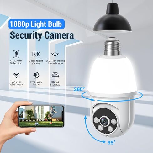 1080p Light Bulb Security Camera, 360° Panoramic Dome Cam, Live View, AI Human Detection, 2-Way Audio, Color Night Vision, Cloud Storage, Spotlights, Indoor Outdoor Surveillance in Kuwait