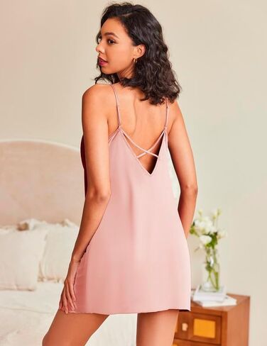 Ekouaer Women Satin Nightgown Slip Sleepwear Sexy Sleepshirt Adjustable Strap Silk Lingerie V Neck Nightshirt S-XXL in Saudi Arabia