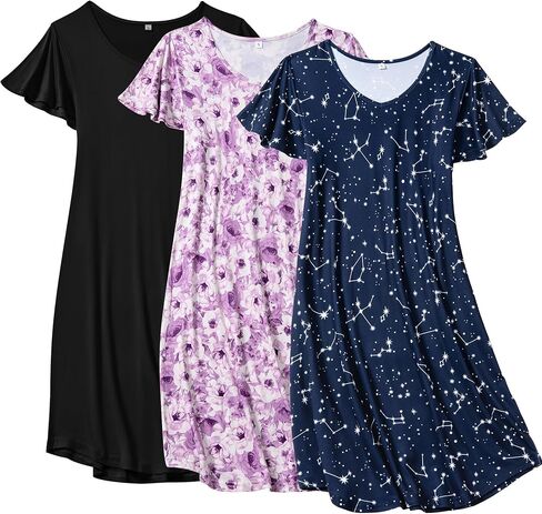 3 Pack Women's Nightgown Short Sleeve Sleepshirts V Neck Print Nightshirts for Women Sleepwear in Saudi Arabia