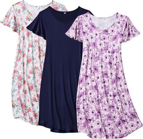 3 Pack Women's Nightgown Short Sleeve Sleepshirts V Neck Print Nightshirts for Women Sleepwear in Saudi Arabia