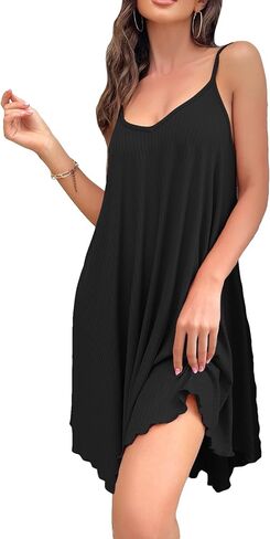 OYOANGLE Women's Casual Crisscross Backless Lettuce Trim Sleeless V Neck loungewear Slip Nightdress Nightgowns in Saudi Arabia