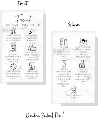 SPANISH Facial Aftercare Card | 50 Pack | 2x3.5" inches Business Card | Facial Supplies | For Clients for Estheticians and MediSpa in Saudi Arabia
