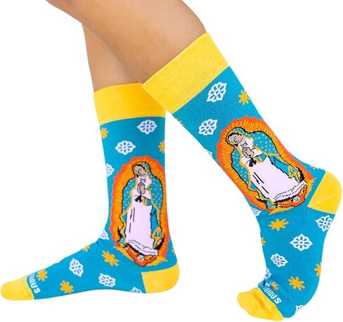 Sock Religious Praying Our Lady Guadalupe Blue with Yellow Trim Men's and Women's One Size Fits Most Polyester Blend Catholic Inspirational Fun Crew Socks, Adult in Kuwait