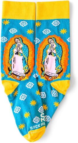 Sock Religious Praying Our Lady Guadalupe Blue with Yellow Trim Men's and Women's One Size Fits Most Polyester Blend Catholic Inspirational Fun Crew Socks, Adult in Kuwait