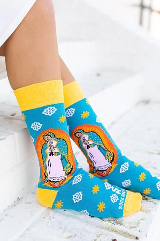 Sock Religious Praying Our Lady Guadalupe Blue with Yellow Trim Men's and Women's One Size Fits Most Polyester Blend Catholic Inspirational Fun Crew Socks, Adult in Kuwait