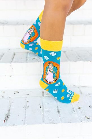 Sock Religious Praying Our Lady Guadalupe Blue with Yellow Trim Men's and Women's One Size Fits Most Polyester Blend Catholic Inspirational Fun Crew Socks, Adult in Kuwait