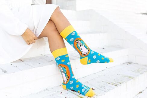 Sock Religious Praying Our Lady Guadalupe Blue with Yellow Trim Men's and Women's One Size Fits Most Polyester Blend Catholic Inspirational Fun Crew Socks, Adult in Kuwait