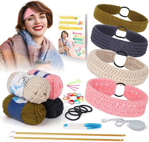 Coopay Tunisian Crochet Hooks for Crocheting Hairbands, Long Crochet Kit with Yarn Crochet Accessories Instructions, Crochet Kit Beginners for Adults/Teens Learn to Crochet Hairbands (Neutral Colors) in Saudi Arabia