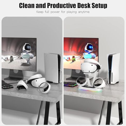 محطة شحن سريعة لمدة ساعتين لـ PSVR2، قاعدة شحن عمودية مع دعم ضوء RGB للتنفس لحامل عرض PSVR2 لـ PS VR2 مع 4 محولات مغناطيسية من النوع C لوحدة التحكم بالحواس in Kuwait