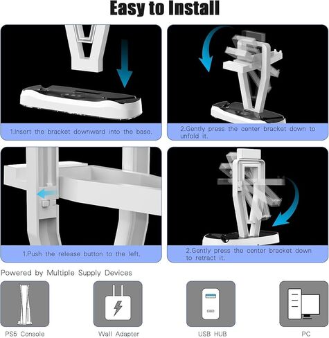 محطة شحن سريعة لمدة ساعتين لـ PSVR2، قاعدة شحن عمودية مع دعم ضوء RGB للتنفس لحامل عرض PSVR2 لـ PS VR2 مع 4 محولات مغناطيسية من النوع C لوحدة التحكم بالحواس in Kuwait