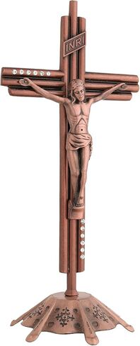 صليب جداري من Imerance Crucifix كاثوليكي مقاس 12 بوصة معدني على شكل يسوع المسيح، معلق أو منضدية مع حامل لديكور المنزل، غرفة المعيشة (أحمر عتيق - كبير) in Kuwait