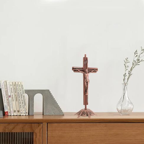 صليب جداري من Imerance Crucifix كاثوليكي مقاس 12 بوصة معدني على شكل يسوع المسيح، معلق أو منضدية مع حامل لديكور المنزل، غرفة المعيشة (أحمر عتيق - كبير) in Kuwait