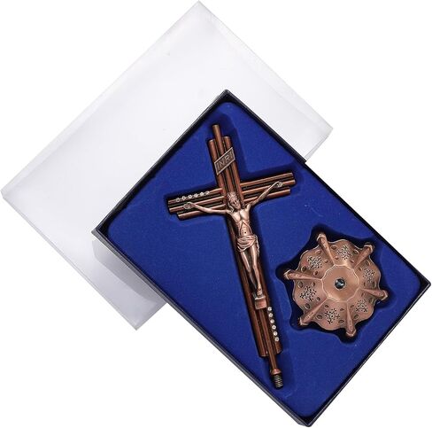 صليب جداري من Imerance Crucifix كاثوليكي مقاس 12 بوصة معدني على شكل يسوع المسيح، معلق أو منضدية مع حامل لديكور المنزل، غرفة المعيشة (أحمر عتيق - كبير) in Kuwait
