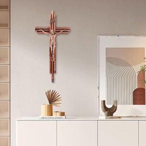 صليب جداري من Imerance Crucifix كاثوليكي مقاس 12 بوصة معدني على شكل يسوع المسيح، معلق أو منضدية مع حامل لديكور المنزل، غرفة المعيشة (أحمر عتيق - كبير) in Kuwait
